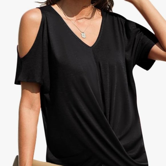 Sz M Black Yeahill Womens Cold Shoulder Top Short Sleeve Front Twist Stretch Nwt - Picture 3 of 8